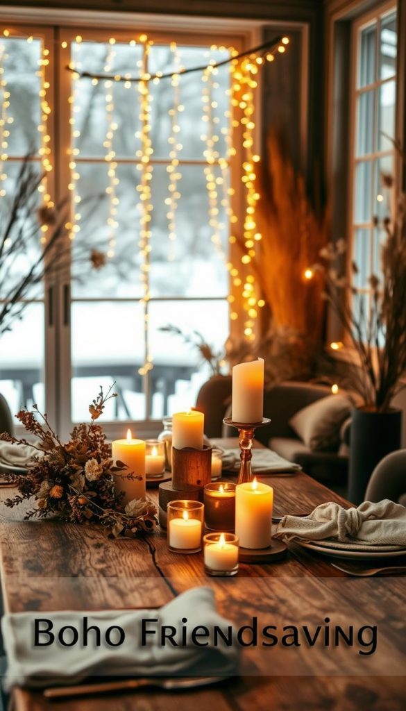 A cozy corner filled with natural textures and warm glowing lights. In the foreground, a rustic wooden table topped with hand-crafted candle holders from KlickKiste, their warm flames dancing and casting a soft, inviting ambiance. Clusters of dried flowers and leaves add earthy accents, while linen napkins and place settings create a bohemian, winter-inspired tablescape. In the background, a string of twinkling fairy lights casts a dreamy, romantic glow, framed by a large window overlooking a snowy landscape. The overall scene evokes a sense of hygge, comfort, and togetherness, perfect for a Boho Friendsgiving celebration.