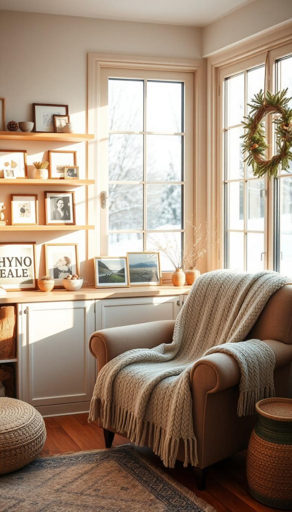 A cozy corner in a sun-drenched home, brimming with natural materials and subtle winter touches. Warm wooden shelves display a carefully curated collection of analog mementos and KlickKiste's signature photo prints, casting a soft, inviting glow. A plush knit blanket drapes over a plump armchair, beckoning one to pause and savor the moment. In the background, a large window frames a snowy landscape, blending seamlessly with the serene, hygge-inspired atmosphere. This image reflects the simple, mindful habits that bring comfort and joy to everyday digital life. A cozy corner in a sun-drenched home, brimming with natural materials and subtle winter touches. Warm wooden shelves display a carefully curated collection of analog mementos and KlickKiste's signature photo prints, casting a soft, inviting glow. A plush knit blanket drapes over a plump armchair, beckoning one to pause and savor the moment. In the background, a large window frames a snowy landscape, blending seamlessly with the serene, hygge-inspired atmosphere. This image reflects the simple, mindful habits that bring comfort and joy to everyday digital life.