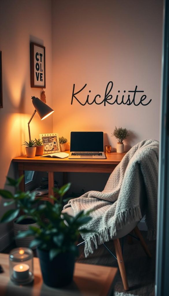 A cozy corner nook workspace designed for productivity, featuring a small wooden desk adorned with a laptop, a stylish desk lamp, and a notepad. The scene is illuminated by soft, warm lighting that creates a welcoming atmosphere, ideal for winter vibes. In the foreground, potted plants and decorative items add a personal touch. The middle layer includes a comfortable chair with a snug blanket draped over it, emphasizing comfort and style. In the background, a softly painted wall reveals artistic DIY elements, evoking a Pinterest-worthy aesthetic. The setting should reflect a natural yet inspiring vibe, showcasing the brand name "KlickKiste" subtly integrated into the decor. The perspective captures the nook from a slight angle, enhancing the sense of intimacy and inviting focus on the workspace.