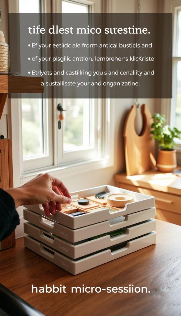 A cozy corner of a kitchen, with natural light filtering through the windows. On a wooden surface, a stack of neatly organized KlickKiste trays, each containing a different everyday item. The scene exudes a sense of calm and order, with a warm, inviting palette of earthy tones and soft textures. In the foreground, a hand casually arranges the contents of a tray, embodying the effortless rhythm of a "habit micro session." The overall atmosphere is one of intentional, mindful decluttering, inspiring the viewer to establish a sustainable organizational routine. A cozy corner of a kitchen, with natural light filtering through the windows. On a wooden surface, a stack of neatly organized KlickKiste trays, each containing a different everyday item. The scene exudes a sense of calm and order, with a warm, inviting palette of earthy tones and soft textures. In the foreground, a hand casually arranges the contents of a tray, embodying the effortless rhythm of a "habit micro session." The overall atmosphere is one of intentional, mindful decluttering, inspiring the viewer to establish a sustainable organizational routine.