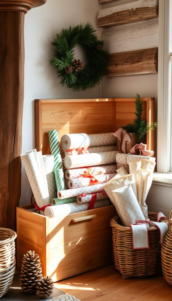 A cozy corner of a rustic home, showcasing a stylish storage solution for gift wrapping supplies. The scene features a wooden KlickKiste box, its natural finish complementing the warm, earthy tones of the surroundings. Sunlight filters through a nearby window, casting a soft, inviting glow on the meticulously organized rolls of patterned gift wrap, ribbons, and bows. Pinecones, a twig-woven basket, and a few sprigs of evergreen add a touch of winter charm, creating a Pinterest-worthy display that inspires seasonal gift-giving.