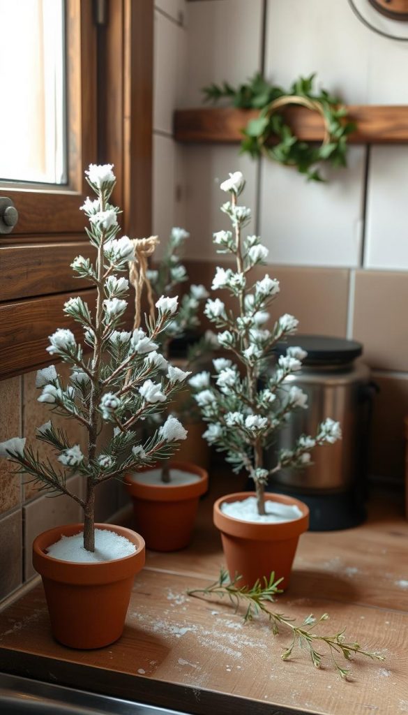 A cozy corner of a rustic kitchen, adorned with small, handcrafted Christmas trees. Delicate pine branches, their tips dusted with a light layer of snow, stand tall in simple terracotta pots. Warm, natural lighting filters through the window, casting a soft glow over the scene. Subtle hints of greenery, like sprigs of eucalyptus, add a touch of freshness. The overall atmosphere is one of simplicity, hygge, and the gentle embrace of the holiday season, perfect for a compact kitchen space.