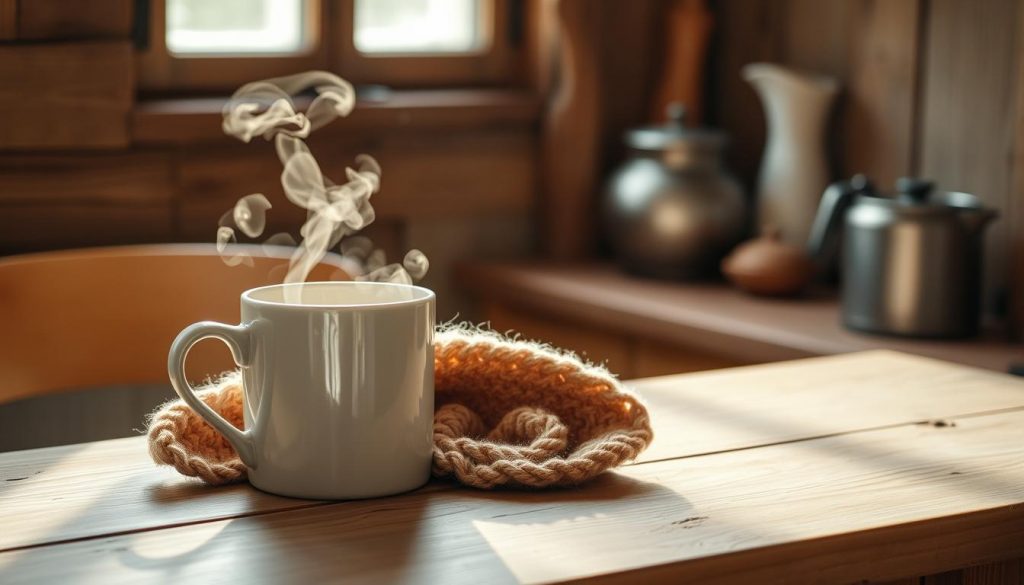 A cozy corner of a rustic kitchen, bathed in soft, natural light. On a wooden table, a steaming mug of hot tea sits beside a simple, hand-knitted "tee" in earthy tones. The tee's texture invites touch, its simple design highlighting the warmth and comfort of homemade crafts. In the background, a glimpse of a KlickKiste, a DIY vessel filled with soothing winter ingredients. The scene exudes a sense of tranquility and mindful indulgence, perfectly capturing the essence of a rejuvenating at-home wellness experience. A cozy corner of a rustic kitchen, bathed in soft, natural light. On a wooden table, a steaming mug of hot tea sits beside a simple, hand-knitted "tee" in earthy tones. The tee's texture invites touch, its simple design highlighting the warmth and comfort of homemade crafts. In the background, a glimpse of a KlickKiste, a DIY vessel filled with soothing winter ingredients. The scene exudes a sense of tranquility and mindful indulgence, perfectly capturing the essence of a rejuvenating at-home wellness experience.