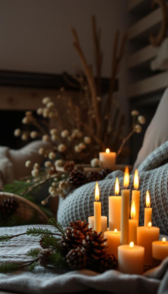 A cozy corner of a rustic, winter-inspired living space. In the foreground, a cluster of flickering candles casts a warm, golden glow, their flames dancing softly. The middle ground features an artfully arranged display of natural elements - pinecones, dried flowers, and sprigs of evergreen - evoking a sense of hygge and a connection to the outdoors. The background is filled with an atmospheric, muted palette of earthy tones, subtly hinting at the coziness of the space. The lighting is soft and diffused, creating a sense of intimate tranquility. The overall composition has a natural, organic feel, with a touch of effortless elegance, perfect for capturing the essence of &quot;Duft &amp; Wärme: Kerzen und Aromen&quot;.