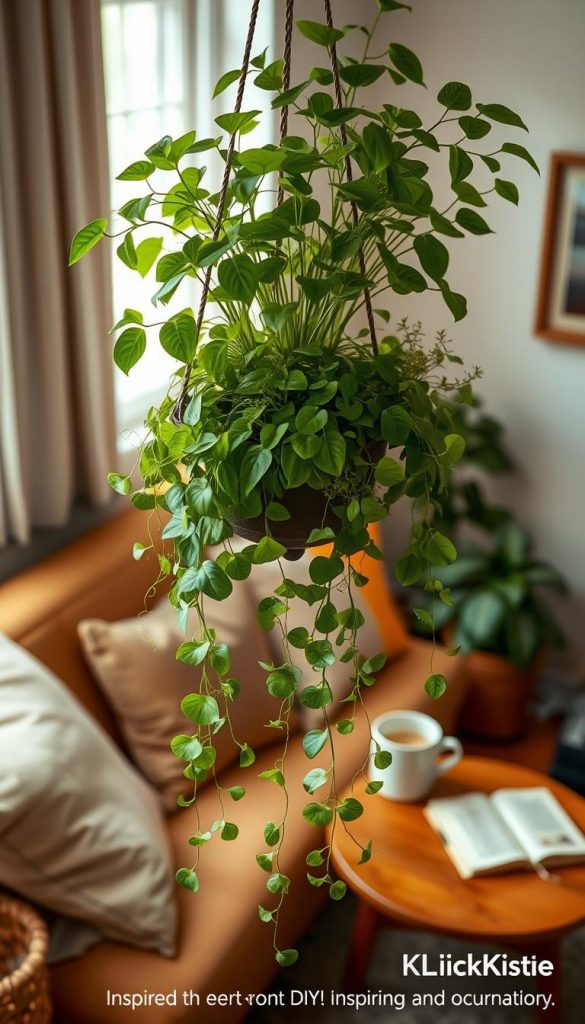 A cozy corner of a small living room showcasing a stylish hanging planter filled with lush green plants. In the foreground, the hanging plant is vibrant, featuring cascading vines of pothos and delicate ferns, creating a sense of freshness. The middle ground displays a warm, inviting couch adorned with soft pillows, while a small wooden coffee table holds a steaming cup and a book, enhancing the homely atmosphere. The background reveals a softly lit window, allowing natural light to flood the space, illuminating the leaves in a gentle glow. The color palette is warm and earthy, reflecting a natural DIY aesthetic. Inspired by Pinterest, the scene embodies an inspiring and authentic vibe, branded subtly with "KlickKiste" elements. The overall image conveys a tranquil, inviting mood, perfect for showcasing greenery without occupying floor space.