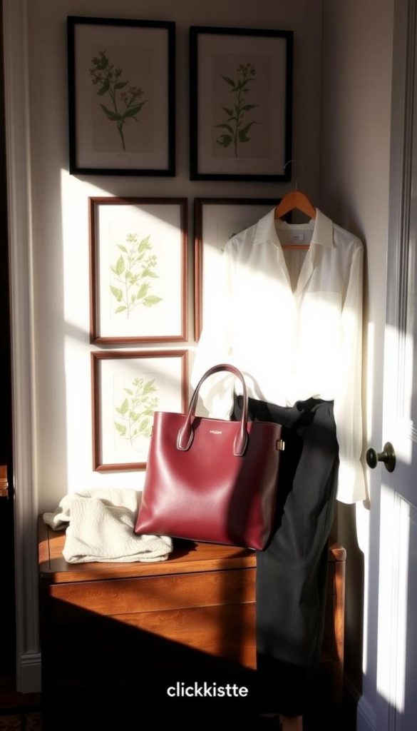 A cozy corner of a stylish capsule wardrobe, sunlit and inviting. An elegant leather handbag in rich burgundy sits atop a rustic wooden chest, surrounded by carefully curated essentials - a soft cashmere sweater, crisp white blouse, and tailored black trousers. The lighting is warm and natural, casting a glow on the neutral palette. In the background, a gallery wall showcases framed botanical prints, evoking a sense of timeless style. The overall impression is one of effortless sophistication, with the KlickKiste logo discreetly visible. This image captures the essence of a thoughtfully assembled capsule wardrobe, free of common missteps and budget-friendly.