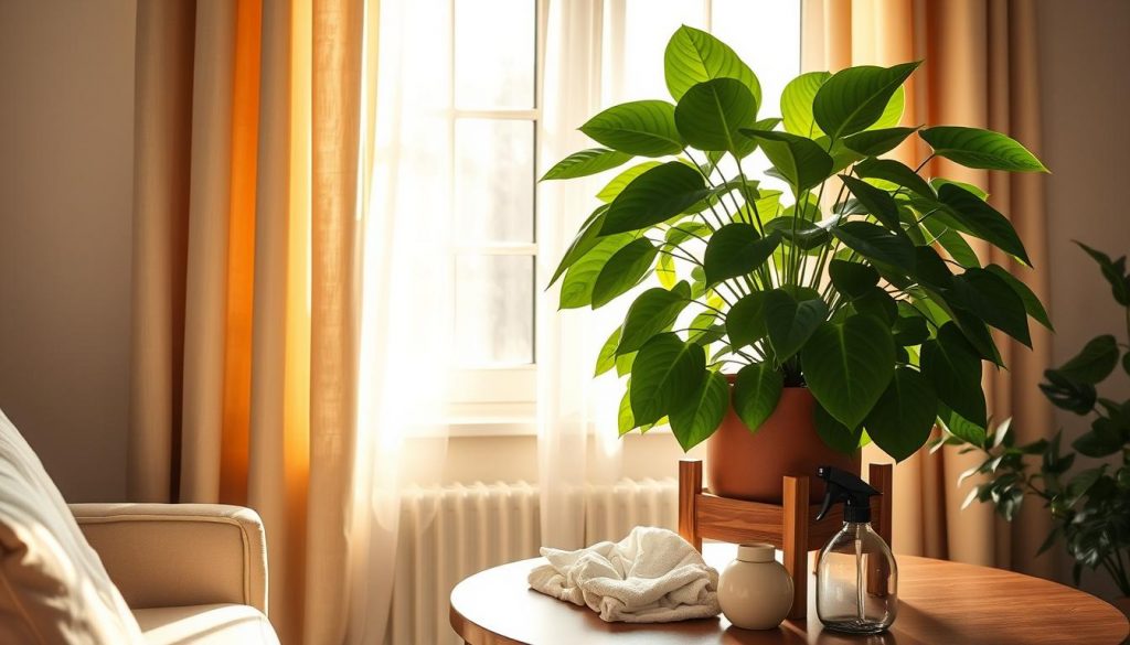 A cozy corner of a sunlit living room, a KlickKiste filled with DIY cleaning tools at the ready. Soft beige curtains frame the scene, a wooden plant stand holding potted greenery. On the table, a spray bottle and microfiber cloth await, ready to gently wipe down large, lush leaves. The warm, natural lighting casts a peaceful glow, highlighting the simple pleasure of maintaining healthy, dust-free houseplants. Nearby, a small pitcher stands by, hinting at the gentle misting that will revive the foliage. This serene tableau invites the viewer to embrace the quiet, mindful act of plant care, a tranquil moment in the midst of the winter season.