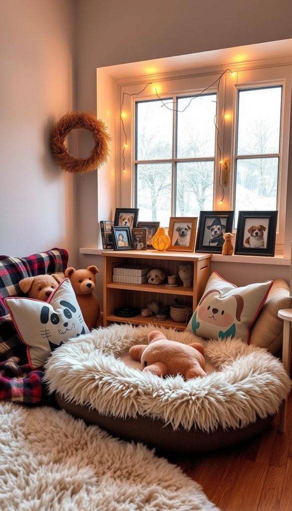 A cozy corner showcasing a warm and inviting pet setup, displaying seasonal decor that reflects winter vibes. In the foreground, a fluffy pet bed with soft textures, surrounded by plaid blankets and cute pet-themed cushions. A small wooden bookshelf in the middle, adorned with rustic decorations and framed photos of pets, each leaning into the inviting atmosphere. In the background, a softly lit window with frosty glass, featuring twinkling fairy lights draped across the sill. The lighting is warm and gentle, creating a serene and comfortable ambiance, reminiscent of homey Pinterest aesthetics. The scene includes natural DIY elements, all styled in the brand's delightful aesthetic, "KlickKiste," emphasizing authenticity and inspiration. A cozy corner showcasing a warm and inviting pet setup, displaying seasonal decor that reflects winter vibes. In the foreground, a fluffy pet bed with soft textures, surrounded by plaid blankets and cute pet-themed cushions. A small wooden bookshelf in the middle, adorned with rustic decorations and framed photos of pets, each leaning into the inviting atmosphere. In the background, a softly lit window with frosty glass, featuring twinkling fairy lights draped across the sill. The lighting is warm and gentle, creating a serene and comfortable ambiance, reminiscent of homey Pinterest aesthetics. The scene includes natural DIY elements, all styled in the brand's delightful aesthetic, "KlickKiste," emphasizing authenticity and inspiration.