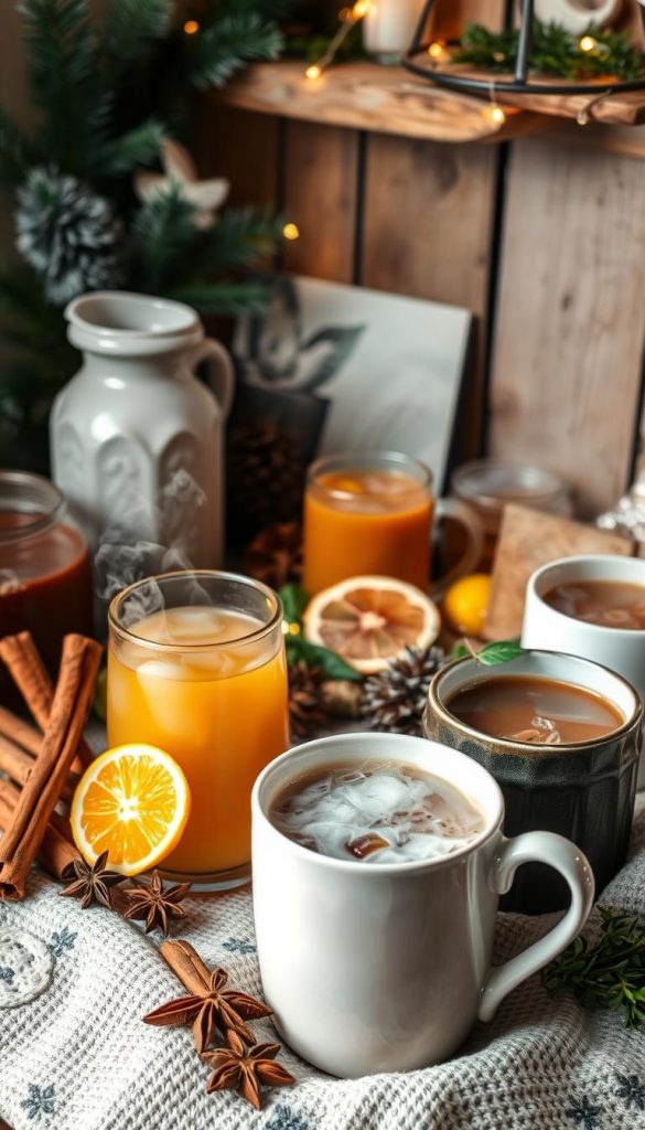 A cozy corner showcasing an inviting collection of homemade, alcohol-free winter drinks. In the foreground, a variety of steaming mugs and glasses brimming with aromatic, soothing beverages, their warmth and steam visible. The middle ground features an assortment of natural, seasonal ingredients - cinnamon sticks, star anise, citrus slices, and fragrant herbs. In the background, a cozy, rustic-inspired setting, with soft lighting and a hint of winter greenery, creating a welcoming, hygge-inspired atmosphere. The overall mood is one of comfort, care, and togetherness, perfect for enjoying a nurturing, non-alcoholic beverage on a chilly day.