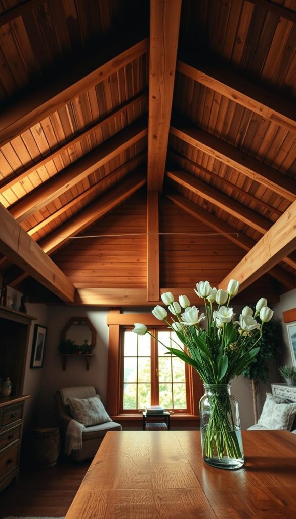 A cozy cottage interior showcasing beautifully crafted wooden ceilings and exposed beams, embracing sloped angles that highlight the architectural charm. The foreground features a warm, rustic wooden table adorned with fresh spring flowers in a simple vase. In the middle ground, the intricately textured ceiling draws the viewer's eye, with soft, diffused natural light streaming in through a nearby window, casting a gentle glow. The background reveals a glimpse of green foliage outside, enhancing the fresh spring vibe. The overall atmosphere is warm and inviting, creating a sense of comfort and style, perfect for DIY decor inspiration. Captured with a wide-angle lens to emphasize the spaciousness and warmth. Designed to resonate with the aesthetic of KlickKiste.