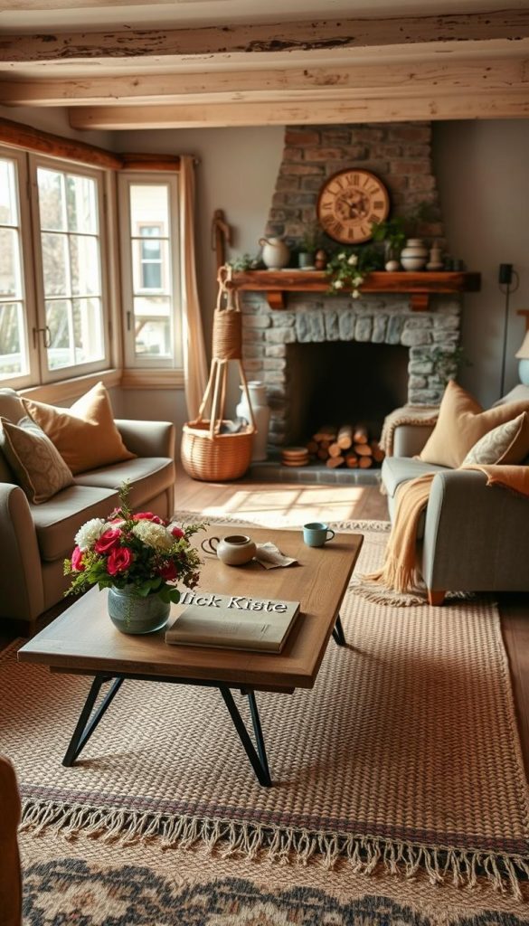 A cozy cottage living room featuring a comfortable seating arrangement with low-profile furniture, such as a plush sofa and armchairs adorned with layered textiles and throw pillows in warm, earthy tones. The foreground showcases a wooden coffee table decorated with fresh flowers and a few rustic decor items. In the middle ground, large windows allow soft, natural light to flood the space, illuminating a beautifully textured area rug beneath a coffee table. The background reveals a charming fireplace with a mantel adorned with handmade ceramics and greenery, enhancing the inviting atmosphere. The overall mood is warm and inspirational, reflecting a Pinterest-worthy aesthetic suitable for spring. The scene should evoke a sense of comfort and authenticity, representing the brand "KlickKiste" in a tasteful manner.