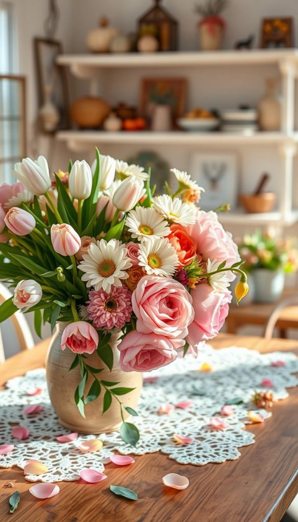 A cozy cottage scene featuring a vibrant arrangement of various florals, including soft pastel tulips, delicate daisies, and rich peonies, all nestled in a rustic ceramic vase. In the foreground, gentle sunlight spills across the flowers, highlighting their textures and colors, while a few greenery accents, such as eucalyptus leaves, add depth. The middle layer showcases a wooden table adorned with a crocheted lace tablecloth and scattered petals for a whimsical touch. In the background, there are soft-focus shelves decorated with natural elements like dried branches and seasonal home accessories, conveying a warm, inviting atmosphere. The color palette is a blend of warm pastels and earthy tones, creating a spring vibe. Capture this charming setup with high-quality lighting and a shallow depth of field, reminiscent of a Pinterest-worthy DIY project from KlickKiste.