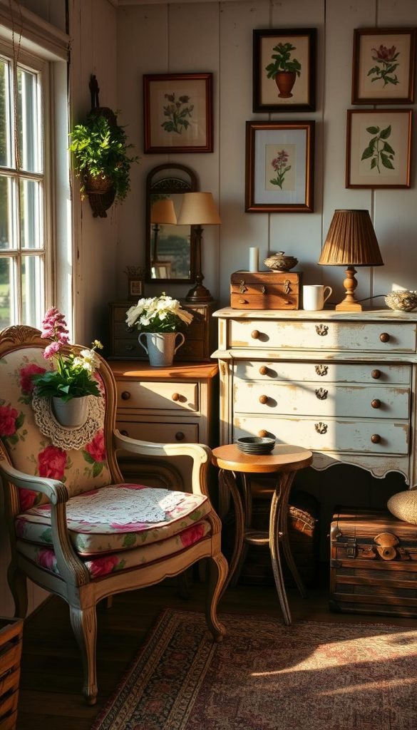 A cozy cottage setting featuring an array of vintage furniture pieces that showcase charming patina and chippy paint. In the foreground, an elegant, distressed wooden armchair with floral upholstery sits beside a small, rustic side table adorned with a delicate lace doily and a blooming potted plant. The middle ground showcases a lovely vintage dresser with peeling paint, surrounded by eclectic flea market finds like a worn trunk and an antique lamp. Soft, warm sunlight filters through a nearby window, casting gentle shadows across the scene. The background reveals a quaint cottage wall decorated with framed botanical prints, enhancing the inviting atmosphere. The overall mood is warm and inspiring, perfect for capturing the essence of vintage charm. Produced by KlickKiste.