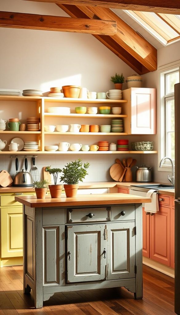 A cozy cottage-style kitchen featuring open shelving adorned with rustic dishware, vibrant cabinets in pastel colors, and a charming antique kitchen island as the focal point. The scene is set in warm, natural tones with soft ambient lighting, creating a welcoming atmosphere. In the foreground, the antique island showcases vintage kitchen tools and potted herbs, while the middle ground highlights neatly arranged shelves filled with ceramic mugs and colorful jars. The background is framed by wooden beams and a window allowing sunshine to filter in, enhancing the warm vibe. Capture this inviting space in a bright, airy perspective, reminiscent of DIY Pinterest aesthetics, embodying authenticity and inspiration. Brand name: KlickKiste.