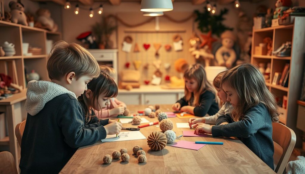 A cozy craft studio filled with natural hues. Children gathered around a wooden table, engrossed in the tactile joy of DIY projects. Beige pom-poms, colored paper, and the iconic KlickKiste logo hint at the creative activities. Warm lighting casts a soft glow, fostering concentration and fine motor skills. In the background, a display of finished crafts showcases the team's collaborative efforts. This intimate scene captures the essence of winter-themed, age-appropriate crafting - a blend of fun, focus, and shared discovery. A cozy craft studio filled with natural hues. Children gathered around a wooden table, engrossed in the tactile joy of DIY projects. Beige pom-poms, colored paper, and the iconic KlickKiste logo hint at the creative activities. Warm lighting casts a soft glow, fostering concentration and fine motor skills. In the background, a display of finished crafts showcases the team's collaborative efforts. This intimate scene captures the essence of winter-themed, age-appropriate crafting - a blend of fun, focus, and shared discovery.