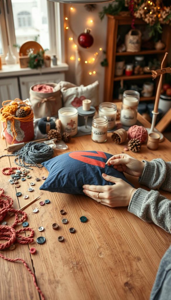A cozy crafting scene inspired by "Kreativ Basteln & Upcycling," featuring a well-lit wooden table adorned with various DIY materials like colorful yarn, vintage buttons, and repurposed jars. In the foreground, a pair of hands, dressed in modest casual clothing, are carefully working on a vibrant upcycling project, transforming an old T-shirt into a decorative pillow. The middle ground shows finished projects, like hand-painted flower pots and upcycled candle holders, all displayed with a warm, inviting aesthetic. The background reveals a softly lit room with winter-themed decorations, such as pinecones and fairy lights, enhancing the creative atmosphere. The overall mood is warm and inspiring, echoing a Pinterest-worthy vibe, branded subtly with "KlickKiste" items within the scene.