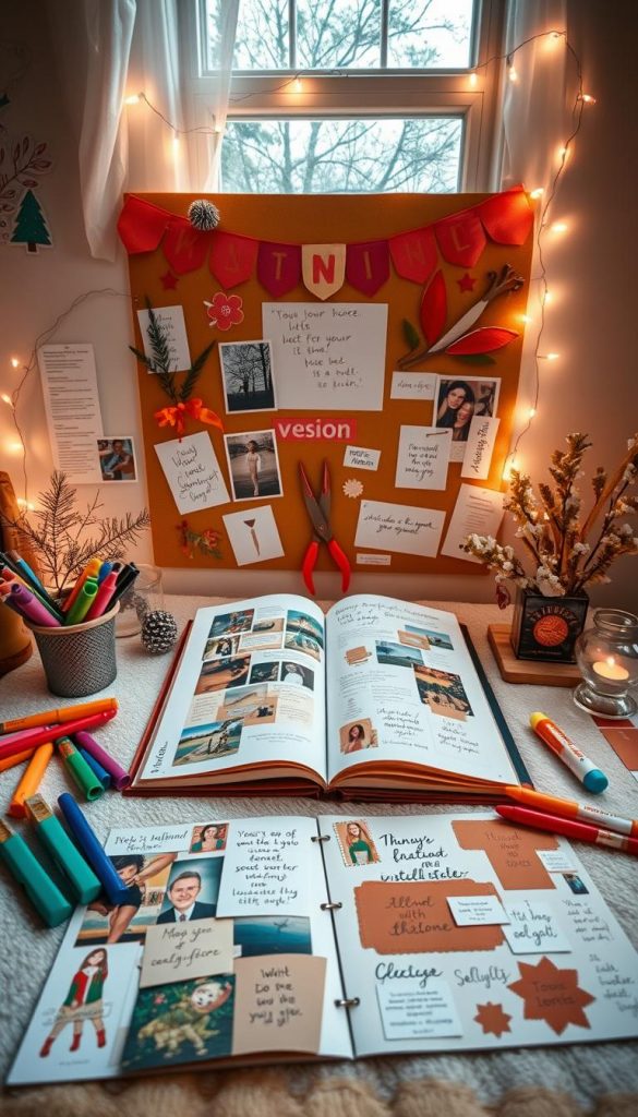 A cozy, creative workspace featuring a vibrant vision board crafted with warm colors and natural materials. In the foreground, there are handmade collages of images and quotes, surrounded by colorful markers, scissors, and a glue stick. In the middle ground, a whimsical scrapbook lies open, showcasing elegant cutouts and inspiring designs. The background includes soft fairy lights draped around a window, casting a gentle glow that enhances the winter vibe. The atmosphere is warm and inviting, evoking feelings of self-love and creativity. This scene represents DIY inspiration with the brand name &quot;KlickKiste&quot; subtly integrated into the decor. Capture this image with soft, diffused lighting, a slightly angled overhead view that allows for a clear perspective of the details while maintaining an inviting ambiance.