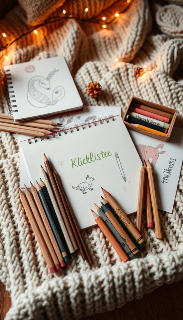 A cozy creative writing and play kit for children, with a warm, handcrafted aesthetic. The &amp;amp;quot;KlickKiste&amp;amp;quot; set features an assortment of natural, tactile drawing and coloring supplies arranged on a soft, knit surface. Pencils, crayons, and sketchpads in a muted, winter-inspired color palette evoke a rustic, Pinterest-inspired vibe. Diffused, ambient lighting creates a serene, inviting atmosphere, encouraging young imaginations to come alive. The arrangement is styled to showcase the kit's contents in an authentic, inspirational way, capturing the joy and creativity of arts and crafts for kids.