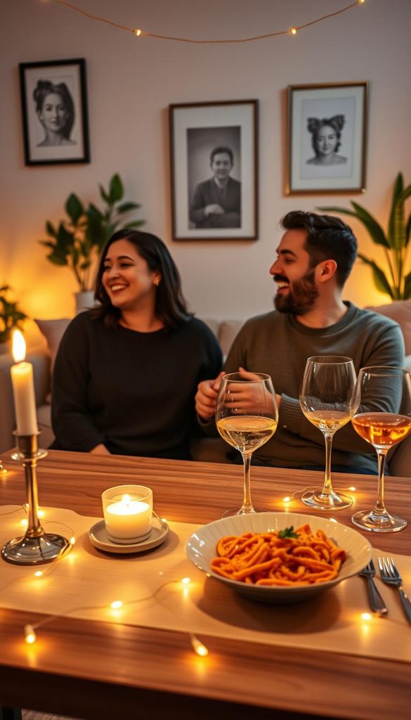 A cozy date night setup at home, featuring a stylish dining table adorned with soft, warm fairy lights. In the foreground, a beautifully arranged table includes a plate of homemade pasta, a candle flickering gently, and two elegant wine glasses. In the middle, a pleasant couple is seated, dressed in modest casual clothing, sharing laughter and smiles, with their hands playfully intertwined. In the background, a softly lit living room with a comfortable couch, tasteful wall art, and indoor plants adds a welcoming touch. The atmosphere should evoke romance and intimacy, enhanced by warm, golden lighting that creates a soft glow. The scene should convey a natural DIY aesthetic, reminiscent of a Pinterest-inspired setting, celebrating intimate moments at home. The brand name "KlickKiste" will be subtly integrated into the decor elements. A cozy date night setup at home, featuring a stylish dining table adorned with soft, warm fairy lights. In the foreground, a beautifully arranged table includes a plate of homemade pasta, a candle flickering gently, and two elegant wine glasses. In the middle, a pleasant couple is seated, dressed in modest casual clothing, sharing laughter and smiles, with their hands playfully intertwined. In the background, a softly lit living room with a comfortable couch, tasteful wall art, and indoor plants adds a welcoming touch. The atmosphere should evoke romance and intimacy, enhanced by warm, golden lighting that creates a soft glow. The scene should convey a natural DIY aesthetic, reminiscent of a Pinterest-inspired setting, celebrating intimate moments at home. The brand name "KlickKiste" will be subtly integrated into the decor elements.