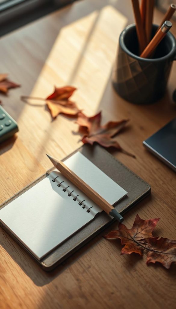 A cozy desk space with a KlickKiste and its contents spilled out - a simple notepad, a rustic wooden pencil, and a few scattered autumn leaves. Warm, soft lighting casts a natural glow, creating a peaceful, minimalist atmosphere. The scene has a handcrafted, artisanal feel, reflecting the homemade, uncluttered aesthetic of the "Spielkiste zettel stift" theme. The camera angle is slightly elevated, capturing the top-down view of the organized, yet inviting workspace. The overall mood is one of effortless organization and tranquil productivity, perfectly suited for the "Minimalistisch &amp; organisiert" section of the article.