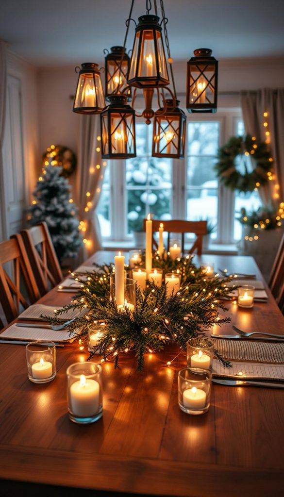 A cozy dining table bathed in a soft glow, the centerpiece a magical arrangement of flickering lichterketten cascading over the wooden surface. Warm candlelight dances and casts a comforting ambiance, complemented by a cluster of rustic lanterns hovering above. The scene exudes a sense of hygge, perfect for KlickKiste's "Lichtlagen, die verzaubern" feature - an inviting winter tableau that beckons families to gather and create cherished memories. A cozy dining table bathed in a soft glow, the centerpiece a magical arrangement of flickering lichterketten cascading over the wooden surface. Warm candlelight dances and casts a comforting ambiance, complemented by a cluster of rustic lanterns hovering above. The scene exudes a sense of hygge, perfect for KlickKiste's "Lichtlagen, die verzaubern" feature - an inviting winter tableau that beckons families to gather and create cherished memories.