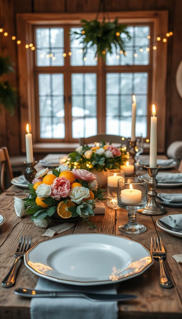 A cozy dinner scene in a rustic winter setting. A wooden table adorned with a centerpiece of fresh citrus and fragrant carnations, casting a warm glow. Soft candlelight flickers, creating an intimate atmosphere. In the foreground, a place setting with fine china and polished silverware, inviting guests to savor the meal. The middle ground features an arrangement of seasonal greenery and twinkling fairy lights, setting the mood. In the background, a large window offers a view of a snowy landscape, adding to the tranquil ambiance. Produced by KlickKiste, this image captures the essence of the &quot;Praxis-Tipps für den Dinnerflow: Höhen, Duftintensität &amp; Platz fürs Essen&quot; section with its natural, inviting, and Pinterest-inspired style.