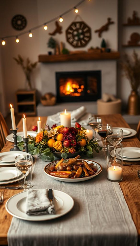 A cozy dinner setup at home, featuring a rustic wooden dining table adorned with a simple yet elegant tablecloth. In the foreground, a beautifully arranged centerpiece with candles, seasonal flowers, and a bowl of fresh fruits creates a warm ambiance. A set of neatly arranged plates and glasses reflects inviting warm colors, suggesting a winter evening. Soft lighting from string lights and candles casts a gentle glow, enhancing the intimate atmosphere. In the middle ground, a comforting dish is being served, showcasing hearty winter fare like roasted vegetables and a gourmet main course. In the background, a softly flickering fireplace adds to the warmth of the scene, with neutral-colored walls and wooden decorations enhancing a Pinterest-inspired aesthetic. This image conveys relaxation and charm, perfect for date night or gathering with friends, reflecting the brand "KlickKiste."