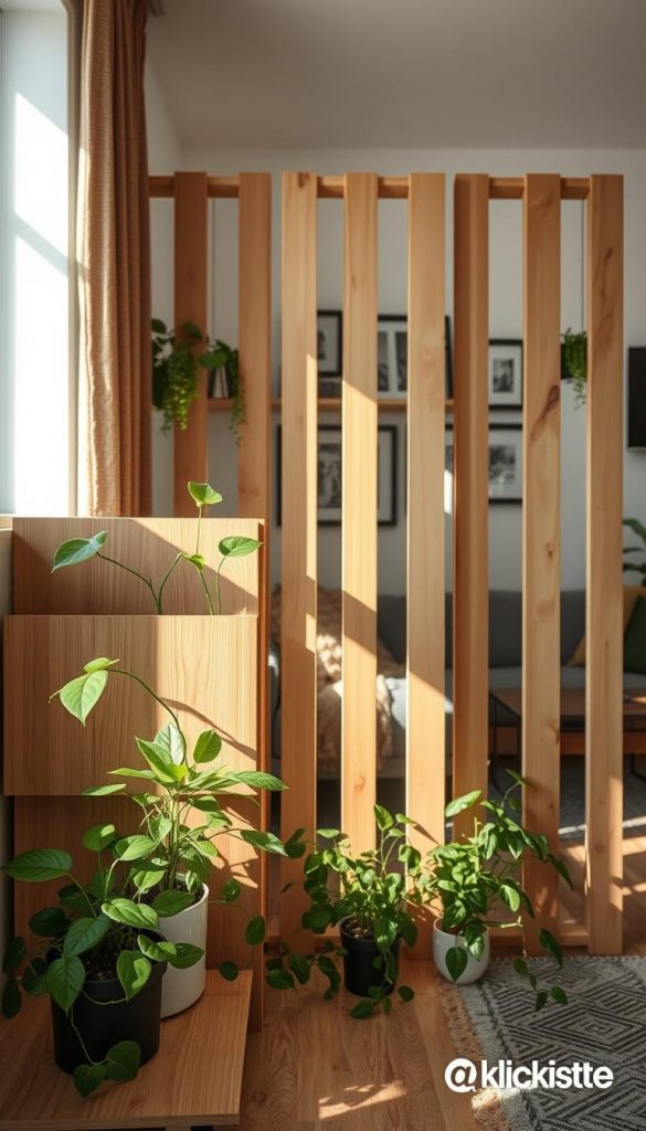 A cozy dividers room in a small apartment, showcasing DIY-style partitions made of natural wood with indoor plants integrated as space dividers. In the foreground, a few vibrant green potted plants spill over from a wooden shelf, while in the middle, the wooden dividers are adorned with decorative elements like shelves holding books and a couple of framed pictures. The background features a softly lit living space, with warm, inviting winter vibes enhancing the atmosphere. Natural light flows in from a nearby window, casting gentle shadows. The overall aesthetic is inspiring and homey, representing innovative ways to create zones without walls. Incorporate elements that reflect authenticity and a Pinterest-worthy look, branded with "KlickKiste" subtly integrated into one of the decor aspects.