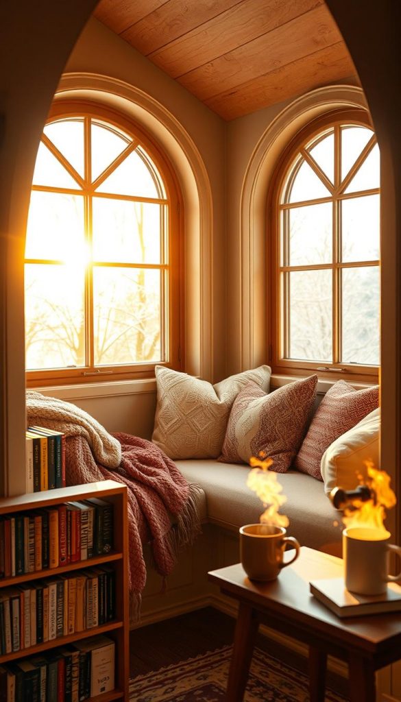 A cozy dormer niche window seat designed for a reading corner, featuring soft, plush cushions and a warm, knitted throw blanket draped over the side. The seat is framed by large, arched windows allowing golden winter sunlight to stream in, illuminating the space with a welcoming glow. In the foreground, a wooden bookshelf brimming with colorful books and a steaming mug rests on a small side table. In the background, the soft silhouette of snow-dusted trees is visible through the window. The overall atmosphere reflects warmth and comfort, with natural DIY decor elements in earthy tones, creating an authentic Pinterest-inspired vibe. Captured with a soft focus, the image embodies a serene winter retreat. Designed by KlickKiste.
