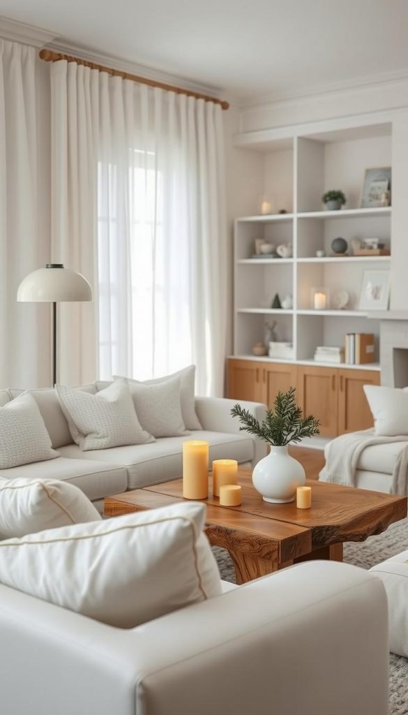 A cozy, elegant living room in a natural white theme, showcasing a harmonious blend of materials for a sophisticated winter atmosphere. In the foreground, a plush white sofa adorned with textured cushions. The middle features a stylish coffee table made from reclaimed wood, topped with warm-toned candles and a minimalist vase of evergreen branches. Soft, diffused lighting filters through sheer curtains, casting a gentle glow throughout the room. In the background, a tastefully decorated bookshelf with subtle winter-themed decor, maintaining an inviting yet refined vibe. The scene encapsulates a Pinterest-inspired aesthetic, evoking feelings of warmth and inspiration. Designed by KlickKiste.