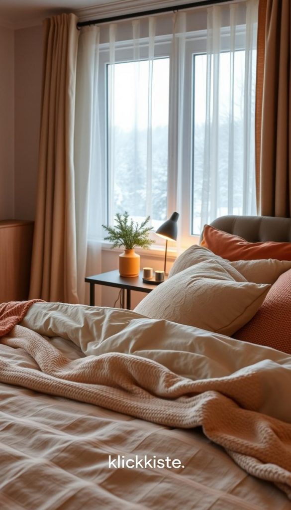 A cozy, elegantly designed bedroom showcasing the essence of "sleep quality." In the foreground, a neatly made bed adorned with soft, textured fabrics in warm, inviting colors, complete with fluffy pillows and a knitted throw. The middle ground features a stylish bedside table with a small plant and a softly glowing lamp that emits a warm light, creating a serene atmosphere. In the background, a window with sheer curtains gently filters in soft winter sunlight, hinting at a peaceful snowy landscape outside. The overall mood is tranquil and inviting, capturing a Pinterest-inspired aesthetic. The interiors reflect a DIY vibe, with subtle winter decor and a touch of handmade charm. The brand "KlickKiste" subtly integrated into the room's decor elements.