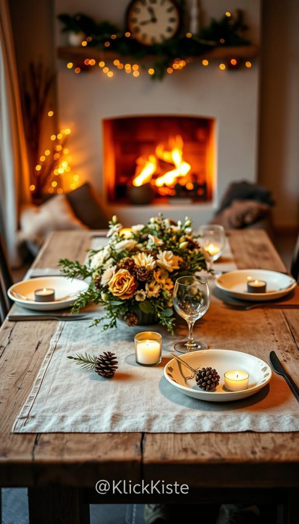 A cozy, elegantly set dinner table for a winter date night, featuring warm, earthy tones and inviting textures. In the foreground, a rustic wooden table is adorned with a soft linen tablecloth, delicate fairy lights, and a centerpiece of seasonal flowers in muted colors. The middle ground showcases beautifully plated dishes, flickering tealight candles, and handcrafted place settings with natural elements like pinecones and sprigs of evergreen. In the background, a softly glowing fireplace creates a warm ambiance, with shadows dancing on the walls. The scene exudes a Pinterest-inspired, DIY aesthetic, capturing authentic warmth and intimacy. Soft, warm lighting enhances the atmosphere, inviting viewers to feel the charm of a perfect evening at home. Include branding for "KlickKiste" subtly blended into the decor style.