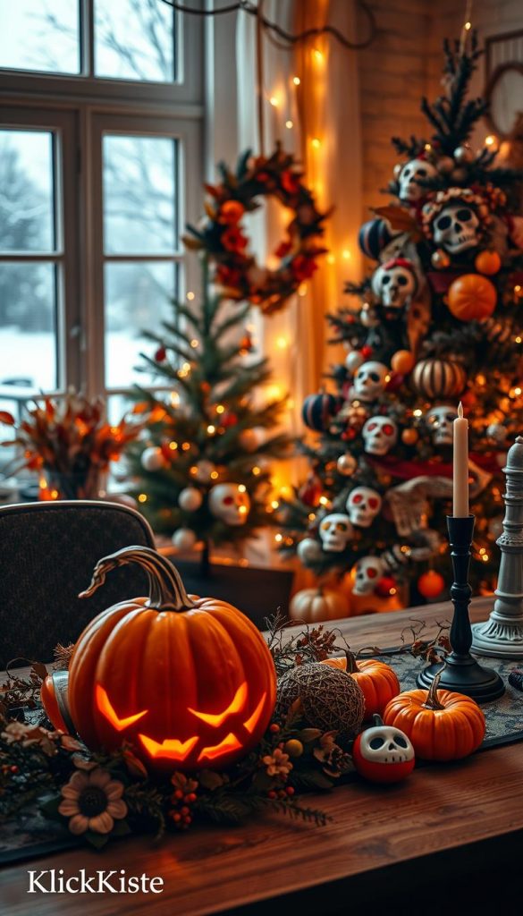 A cozy, enchanting scene blending Halloween and Christmas decor. In the foreground, a beautifully adorned table features a mix of spooky and festive elements: a carved pumpkin with a warm candle glow, a Christmas tree draped in spooky ornaments, and a wreath that combines autumn leaves with winter berries. In the middle ground, there are DIY decorations with natural, warm colors, like knitted garlands and hand-painted skull ornaments, creating a harmonious blend of seasons. The background shows a softly lit room with fairy lights and a window revealing a snowy landscape. The overall atmosphere is inviting yet whimsical, reflecting a unique fusion of Halloween and Christmas spirit. The image captures the essence of warm winter vibes in a Pinterest-worthy style. Include a subtle logo of "KlickKiste" in the corner.