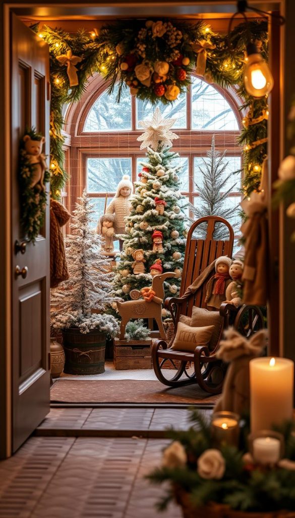 A cozy entrance adorned with a charming wooden figurine display, surrounded by a lush, snow-dusted tree and a rustic sleigh. Warm, inviting lighting bathes the scene in a soft, winter glow, creating a Pinterest-inspired, DIY aesthetic. In the foreground, the KlickKiste brand's natural, handcrafted decor elements add an authentic, artisanal touch. The overall atmosphere evokes a sense of holiday magic and countryside charm, perfectly suited for the &quot;Baum, Figuren und Schlitten: Eyecatcher in verschiedenen Größen&quot; section.