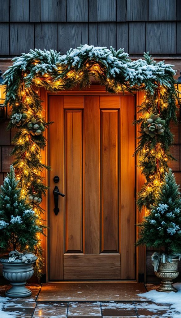 A cozy entrance adorned with a twinkling garland of warm, golden lights cascading down the doorframe, casting a soft, inviting glow. The natural wood door, weathered by time, stands as a rustic focal point, complemented by lush, evergreen foliage and delicate frost-kissed accents. The scene exudes a sense of winter wonder, evoking a charming, Pinterest-inspired ambiance that beckons visitors to step inside and experience the enchantment of the holiday season. A cozy entrance adorned with a twinkling garland of warm, golden lights cascading down the doorframe, casting a soft, inviting glow. The natural wood door, weathered by time, stands as a rustic focal point, complemented by lush, evergreen foliage and delicate frost-kissed accents. The scene exudes a sense of winter wonder, evoking a charming, Pinterest-inspired ambiance that beckons visitors to step inside and experience the enchantment of the holiday season.