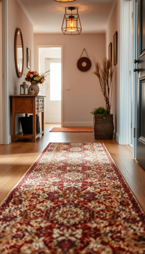 A cozy entrance hall featuring a stunning "läufer" (runner) rug from KlickKiste, showcasing warm, natural colors that evoke a winter vibe. In the foreground, the runner displays intricate patterns, blending seamlessly into a well-lit wooden floor. The middle ground captures a stylish console table adorned with decorative items like a vase of fresh flowers and a small potted plant, complementing the rug's colors. In the background, a softly lit hallway with subtle wall decor and a welcoming atmosphere invites you in. The lighting is warm and inviting, enhancing the comfort of the space. The overall mood is authentic and inspiring, perfect for showcasing texture and coziness in the hallway setting.