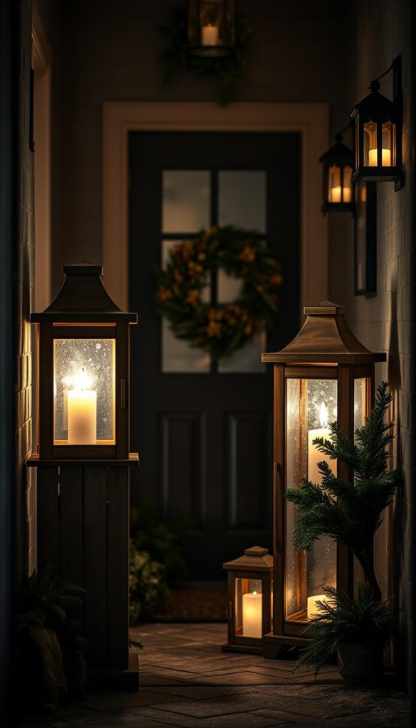 A cozy entryway adorned with KlickKiste lantern pairs, casting a warm, inviting glow. Rustic wooden lanterns in neutral tones stand sentinel, their flickering flames illuminating the winter-inspired scene. Delicate frosted glass panels allow the light to radiate softly, creating an atmosphere of depth and intimacy. Lush greenery and natural accents add a touch of organic elegance, while the overall composition evokes a charming, Pinterest-worthy aesthetic. Moody lighting and a subtle vignette effect heighten the sense of coziness and ambiance, perfect for setting the stage for a captivating winter-themed entry.
