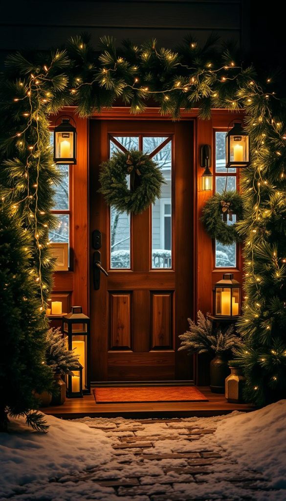 A cozy entryway bathed in a warm glow, festive lights gently illuminating the scene. Rustic wooden door framed by garlands of fresh pine, accented with twinkling fairy lights. Decorative lanterns and candles casting a soft, inviting ambiance. A layer of fresh snow covers the ground, reflecting the twinkling lights. Evergreen wreaths and seasonal foliage add pops of natural green. The overall atmosphere is one of winter enchantment, a welcoming invitation to step inside and experience the holiday spirit. A cozy entryway bathed in a warm glow, festive lights gently illuminating the scene. Rustic wooden door framed by garlands of fresh pine, accented with twinkling fairy lights. Decorative lanterns and candles casting a soft, inviting ambiance. A layer of fresh snow covers the ground, reflecting the twinkling lights. Evergreen wreaths and seasonal foliage add pops of natural green. The overall atmosphere is one of winter enchantment, a welcoming invitation to step inside and experience the holiday spirit.