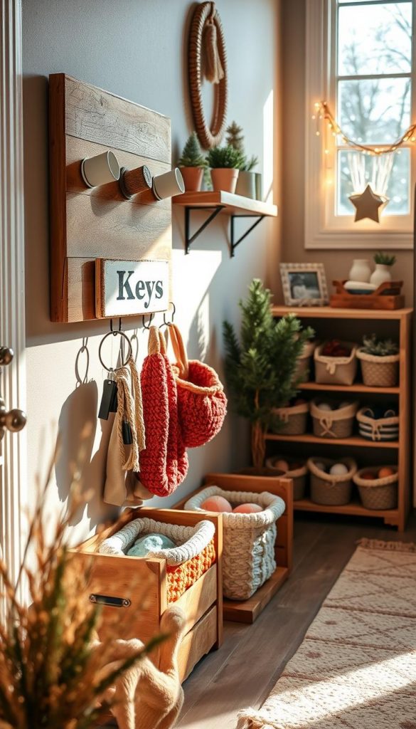 A cozy entryway filled with charming upcycling ideas, featuring a wooden key holder made from reclaimed pallet wood, adorned with vintage cup hooks and a painted sign that reads "Keys". Next to it, a repurposed wooden crate serves as a stylish shoe organizer, filled with colorful knitted baskets. The foreground showcases warm, muted tones with natural light pouring in from a nearby window, creating a welcoming atmosphere. The middle ground includes a wall-mounted shelf showcasing small potted plants and DIY decor items. The background displays winter decorations like twinkling fairy lights and a soft, inviting rug. This inviting scene reflects a Pinterest-worthy aesthetic, embodying warmth and creativity, capturing the essence of the brand “KlickKiste”.