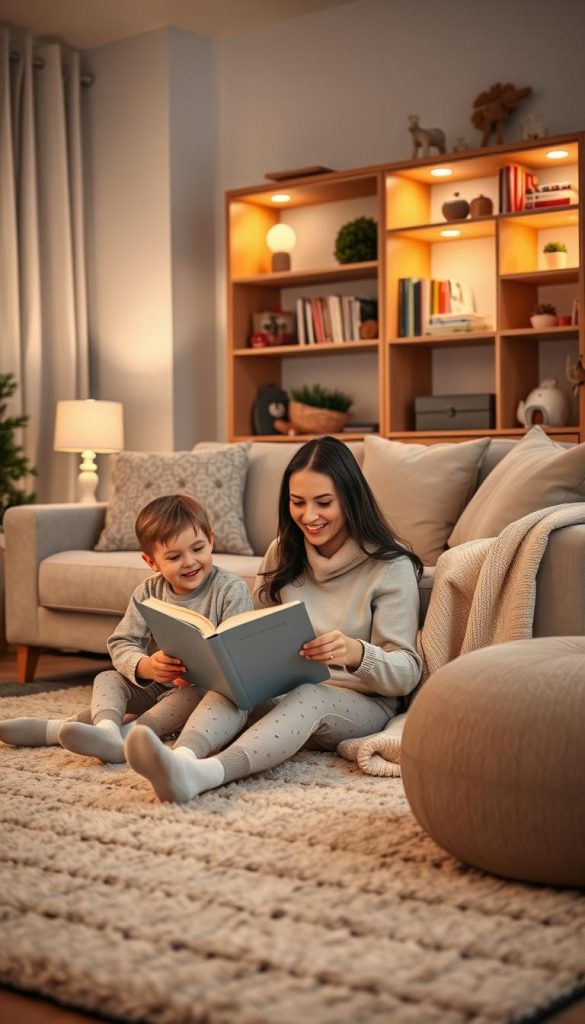 A cozy evening routine scene featuring a family preparing for bedtime in a warmly lit living room. In the foreground, a mother and her two children are sitting on a soft, textured rug, engaging in a calming activity together, like reading a book. The children, dressed in modest pajamas, display expressions of joy and excitement. The middle ground features a comfy sofa adorned with plush pillows and a soft blanket, creating a welcoming atmosphere. In the background, gentle ambient lighting from a table lamp casts a warm glow, highlighting wooden bookshelves filled with colorful books and cozy decorations. The overall mood is serene and inviting, evoking winter vibes with a Pinterest-worthy aesthetic, perfectly capturing the essence of a peaceful bedtime routine. Designed for KlickKiste.