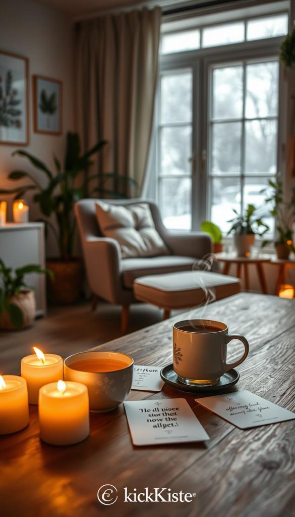 A cozy evening scene capturing the essence of "Abendritual für Ruhe & Achtsamkeit". In the foreground, a wooden table is adorned with softly glowing candles, a steaming cup of herbal tea, and affirmation cards spread out, featuring warm, inviting designs. In the middle ground, a comfortable armchair is nestled by a large window, showcasing a gentle snowfall outside, contributing to a serene atmosphere. The background captures a softly lit room with plants and calming artwork on the walls. Use warm, soft lighting to evoke a feeling of peace and tranquility. The image should embody a Pinterest-inspired aesthetic, authentically reflecting a natural DIY vibe. Include the brand name "KlickKiste" subtly integrated into the scene.