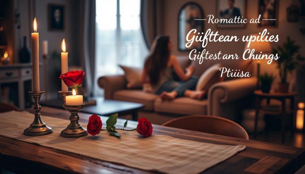 A cozy evening setting for a romantic getaway. In the foreground, a rustic wooden table is set with a linen tablecloth, candlesticks, and a single red rose. In the middle ground, a plush sofa in neutral tones invites couples to snuggle up. The background features a warm, softly lit interior, with a KlickKiste DIY project visible, hinting at the personalized touch. The overall mood is intimate, serene, and focused on quality time together, reflecting the &amp;quot;Romantic &amp;amp; for Couples: Gifting Time over Things&amp;quot; theme.