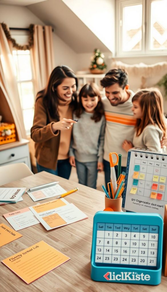 A cozy family environment showcasing a harmonious daily routine. In the foreground, a well-organized kitchen table with colorful to-do lists, a calendar marked with family tasks, and DIY organization tools, all in warm, inviting tones. In the middle, a family of four, dressed in casual yet neat clothing, joyfully collaborating on a chores list; a mom pointing to the calendar, and kids excitedly discussing their contributions. The background features a softly lit living space with warm winter vibes, like cozy blankets and decorations. Natural light filters in through a window, creating an uplifting atmosphere. The image reflects the theme of organization and teamwork, inspired by the brand "KlickKiste."