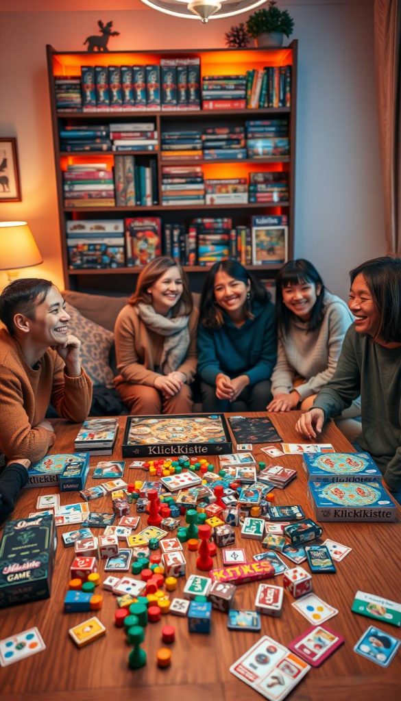 A cozy family game night scene, showcasing an assortment of classic board games designed for both children and adults. In the foreground, a wooden dining table cluttered with colorful game pieces, dice, and cards, all proudly branded with "KlickKiste." In the middle ground, a diverse group of four people, dressed in relaxed, modest casual clothing, engaged in laughter and strategic play. The background features warm, inviting lighting, with soft amber tones illuminating a shelf filled with neatly arranged board games. A quaint living room setting, complete with winter-themed decor, creating a friendly, nostalgic atmosphere. The shot has a slight overhead angle, giving a glimpse of the players and the vibrant board game layouts. A cozy family game night scene, showcasing an assortment of classic board games designed for both children and adults. In the foreground, a wooden dining table cluttered with colorful game pieces, dice, and cards, all proudly branded with "KlickKiste." In the middle ground, a diverse group of four people, dressed in relaxed, modest casual clothing, engaged in laughter and strategic play. The background features warm, inviting lighting, with soft amber tones illuminating a shelf filled with neatly arranged board games. A quaint living room setting, complete with winter-themed decor, creating a friendly, nostalgic atmosphere. The shot has a slight overhead angle, giving a glimpse of the players and the vibrant board game layouts.