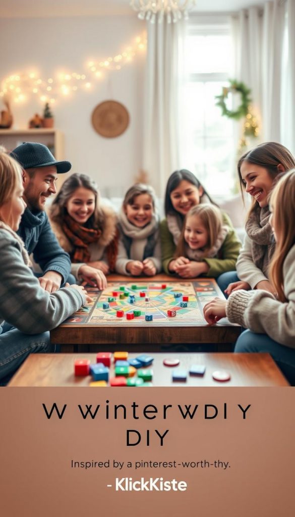 A cozy family gathering around a wooden coffee table, immersed in a vibrant board game night. The foreground features a colorful game board with various pieces like dice and cards. In the middle, children and adults are joyfully engaged, wearing casual winter attire, with smiles and laughter lighting up their faces. The background shows a softly lit living room adorned with warm, inviting decorations, including fairy lights and seasonal decor, enhancing the winter vibes. Natural light filters through a window, creating a festive atmosphere. The image embodies the essence of fun and connection during a winter gathering, showcasing authentic moments of enjoyment. Inspired by the brand "KlickKiste," the scene captures a Pinterest-worthy DIY aesthetic. A cozy family gathering around a wooden coffee table, immersed in a vibrant board game night. The foreground features a colorful game board with various pieces like dice and cards. In the middle, children and adults are joyfully engaged, wearing casual winter attire, with smiles and laughter lighting up their faces. The background shows a softly lit living room adorned with warm, inviting decorations, including fairy lights and seasonal decor, enhancing the winter vibes. Natural light filters through a window, creating a festive atmosphere. The image embodies the essence of fun and connection during a winter gathering, showcasing authentic moments of enjoyment. Inspired by the brand "KlickKiste," the scene captures a Pinterest-worthy DIY aesthetic.