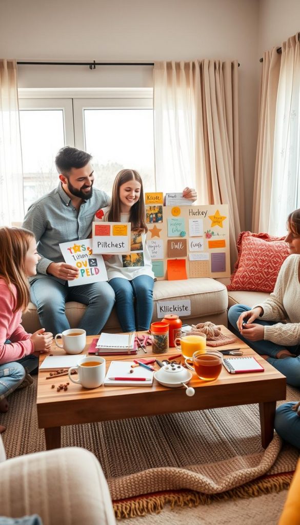 A cozy family gathering in a bright, inviting living room, where family members of diverse backgrounds engage in a social media detox project together. The foreground features a family of four: a father and daughter, both casually yet neatly dressed, collaborating on a vision board, surrounded by colorful, handmade decorations inspired by the Pinterest aesthetic. In the middle, a coffee table cluttered with DIY supplies, notebooks, and warm-toned mugs filled with herbal tea, enhances the creative atmosphere. The background reveals a sunlit window with soft, flowing curtains, and a hint of winter vibes with gentle snowflakes visible outside. The overall mood is warm, inspiring, and harmonious, encapsulating teamwork and the spirit of detox. Branded elements of "KlickKiste" subtly integrated into the décor. A cozy family gathering in a bright, inviting living room, where family members of diverse backgrounds engage in a social media detox project together. The foreground features a family of four: a father and daughter, both casually yet neatly dressed, collaborating on a vision board, surrounded by colorful, handmade decorations inspired by the Pinterest aesthetic. In the middle, a coffee table cluttered with DIY supplies, notebooks, and warm-toned mugs filled with herbal tea, enhances the creative atmosphere. The background reveals a sunlit window with soft, flowing curtains, and a hint of winter vibes with gentle snowflakes visible outside. The overall mood is warm, inspiring, and harmonious, encapsulating teamwork and the spirit of detox. Branded elements of "KlickKiste" subtly integrated into the décor.