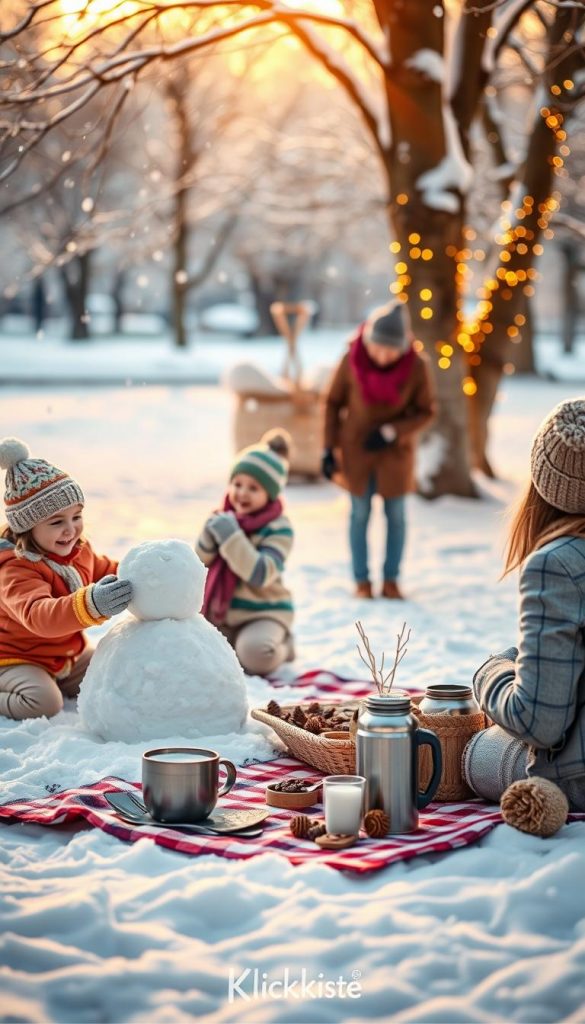 A cozy family gathering in a snowy park, capturing the essence of family-friendly New Year's Eve alternatives. In the foreground, two children joyfully building a snowman, dressed in colorful winter attire, while a parent, wearing modest casual clothing, assists them. In the middle ground, a festive picnic setup includes a checkered blanket with snacks, hot cocoa in thermoses, and homemade decorations crafted from natural materials. The background features softly falling snowflakes and trees adorned with twinkling lights, creating a magical winter atmosphere. The scene is illuminated by warm, golden sunlight, enhancing the overall inviting mood. The image should evoke feelings of joy and togetherness, in a Pinterest-inspired style, branded subtly with "KlickKiste." A cozy family gathering in a snowy park, capturing the essence of family-friendly New Year's Eve alternatives. In the foreground, two children joyfully building a snowman, dressed in colorful winter attire, while a parent, wearing modest casual clothing, assists them. In the middle ground, a festive picnic setup includes a checkered blanket with snacks, hot cocoa in thermoses, and homemade decorations crafted from natural materials. The background features softly falling snowflakes and trees adorned with twinkling lights, creating a magical winter atmosphere. The scene is illuminated by warm, golden sunlight, enhancing the overall inviting mood. The image should evoke feelings of joy and togetherness, in a Pinterest-inspired style, branded subtly with "KlickKiste."