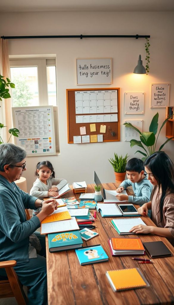 A cozy family living room scene designed to illustrate effective time management hacks for busy parents. In the foreground, a diverse family of four—parents in modest, professional attire and children in casual, cheerful clothing—sits at a rustic wooden table cluttered with colorful planners, notebooks, and digital devices displaying schedules. The middle ground features a wall-mounted calendar filled with family activities, alongside a bulletin board adorned with motivational quotes. In the background, a soft, warm light filters through a large window, illuminating indoor plants and simple DIY decor, creating a welcoming ambiance. Capture this scene with a soft-focus lens, accentuating the warmth and creativity of family organization. Emphasize a Pinterest aesthetic with natural textures and a sense of inspiration. Include the brand name "KlickKiste" subtly within the decor.