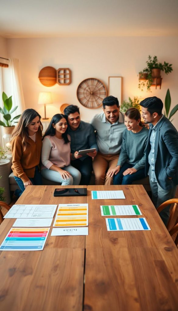 A cozy family organizational space that embodies harmony and collaboration, featuring a large wooden table in the foreground with color-coded task charts and a digital device for planning. In the middle, a diverse family of four, dressed in casual, professional attire, gathers around the table, discussing and assigning household chores. The background showcases a warm, inviting living room decorated with natural DIY elements, soft throw pillows, and plants, enhancing the homey atmosphere. Soft, diffused lighting creates a warm glow throughout the scene, with a focus on the warmth of family dynamics. The overall mood is inspiring and peaceful, reflecting themes of teamwork and balance. Include aesthetic touches that suggest a Pinterest-worthy design, highlighting the brand "KlickKiste".