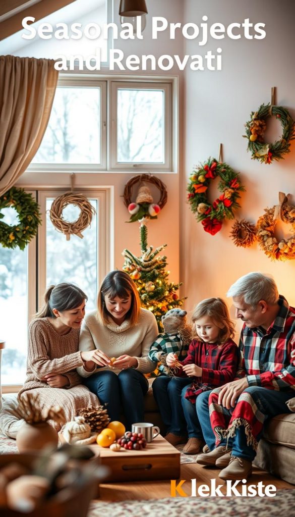 A cozy, family-oriented scene illustrating "Seasonal Projects and Mini-Renovations" for a vibrant family life throughout the year. In the foreground, a multi-generational family of four—parents and two children, dressed in modest casual clothing—engaged in a fun DIY project, crafting seasonal decorations using natural materials. The middle ground features a stylish, rustic living room adorned with warm colors, showcasing seasonal elements like a small Christmas tree and fall-themed wreaths on the walls. In the background, a window reveals a snow-covered landscape, enhancing the winter vibes. Soft, warm lighting gives an inviting feel, while a slight depth of field focuses on the family, creating an authentic and inspiring DIY Pinterest look. The brand name "KlickKiste" is subtly reflected in a decorative item.